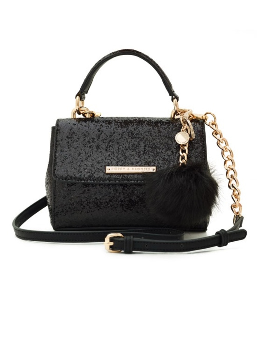 Poppy & Peonies Black Glitter Crossbody with Gold Hardware (NO POMPOM KEYCHAIN)
